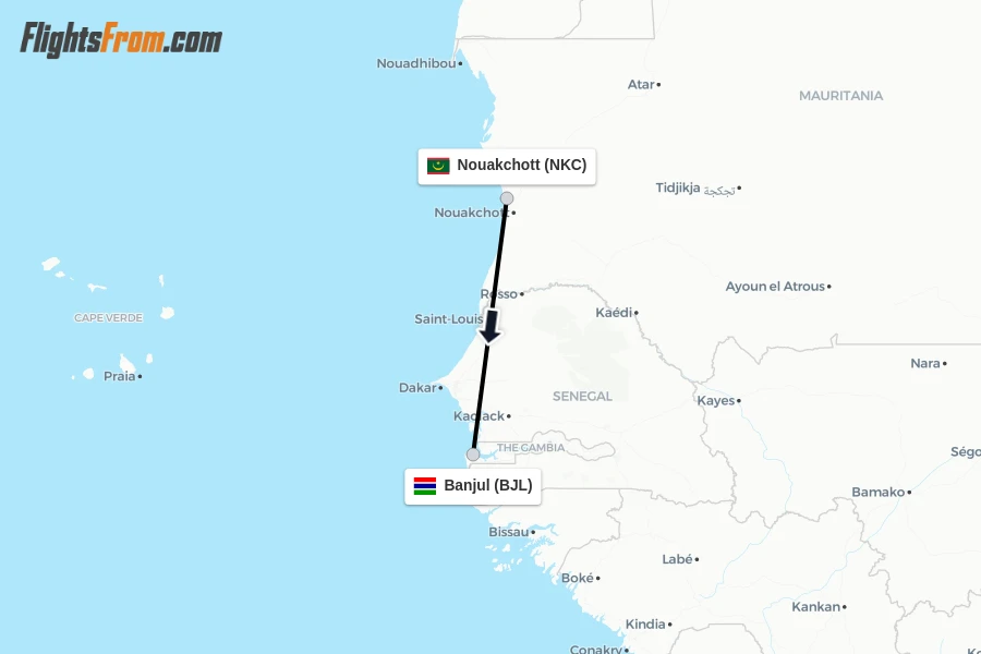 Flights from Nouakchott to Banjul route map