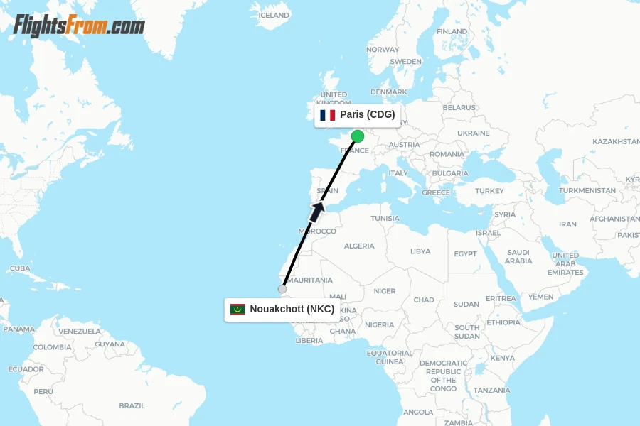 Flights from Nouakchott to Paris route map