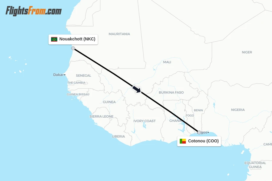 Flights from Nouakchott to Cotonou route map