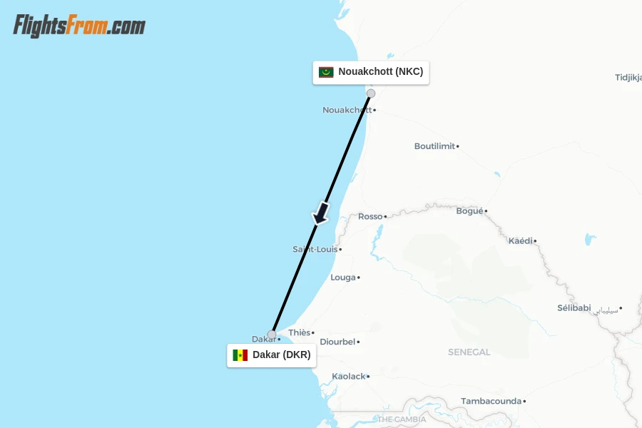 Flights from Nouakchott to Dakar route map