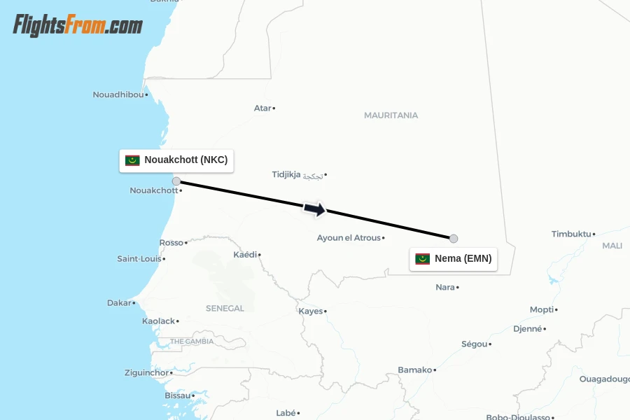 Flights from Nouakchott to Nema route map