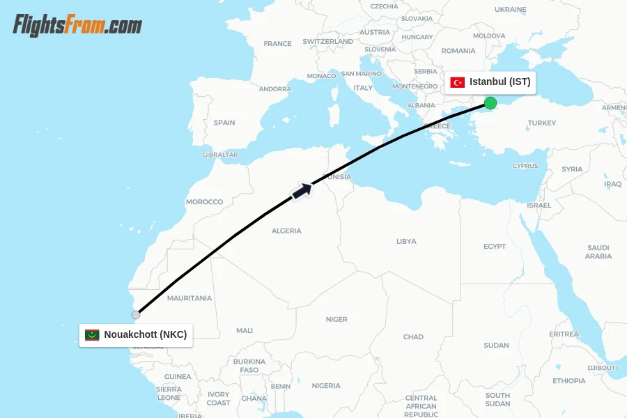 Flights from Nouakchott to Istanbul route map