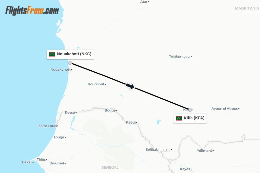 Flights from Nouakchott to Kiffa route map
