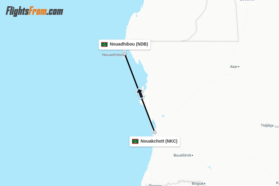 Flights from Nouakchott to Nouadhibou route map