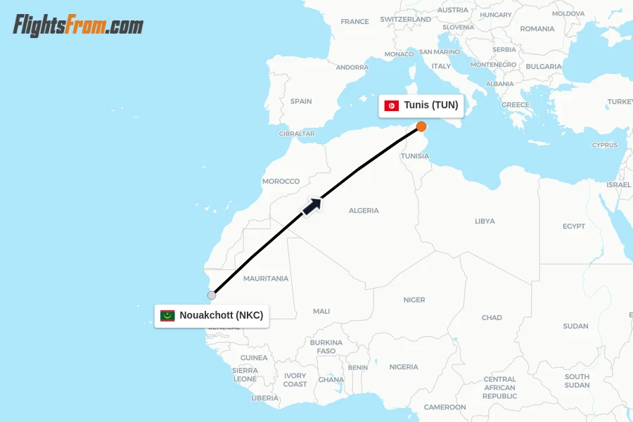 Flights from Nouakchott to Tunis route map