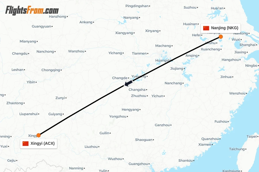 Flights from Nanjing to Xingyi route map