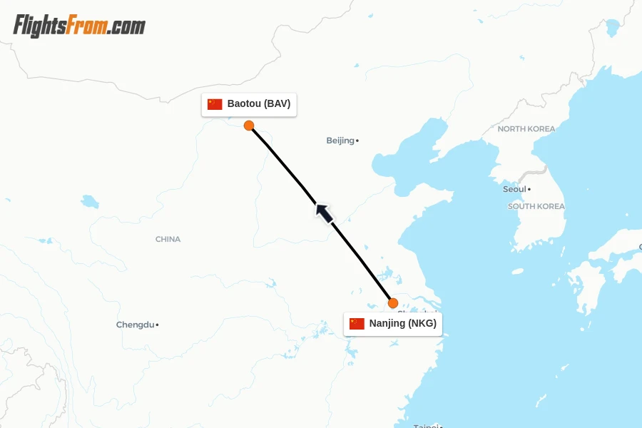 Flights from Nanjing to Baotou route map
