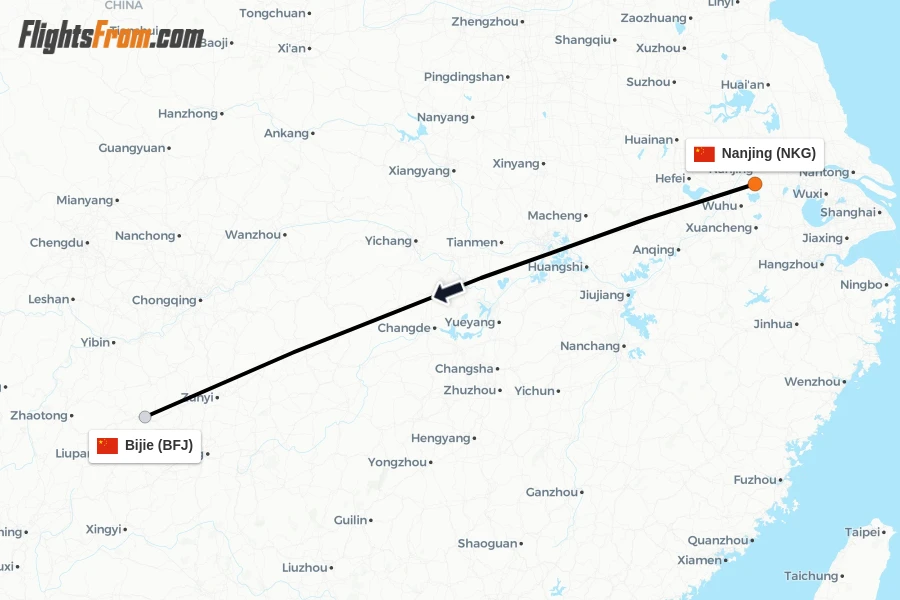 Flights from Nanjing to Bijie route map