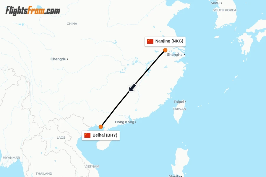 Flights from Nanjing to Beihai route map