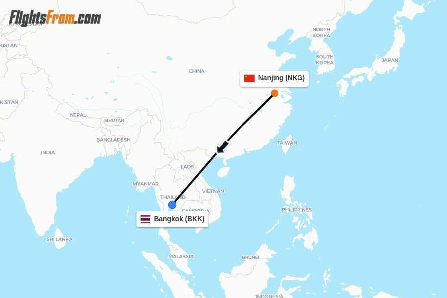 Flights from Nanjing to Bangkok route map