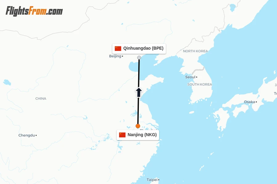 Flights from Nanjing to Qinhuangdao route map