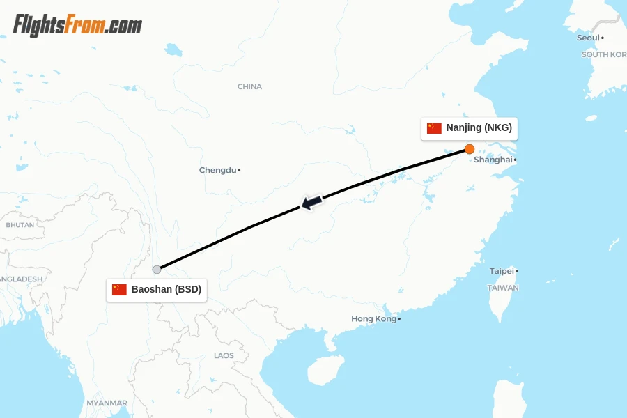 Flights from Nanjing to Baoshan route map