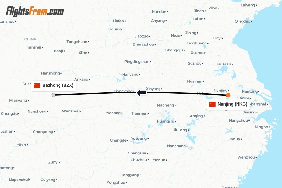 Flights from Nanjing to Bazhong route map