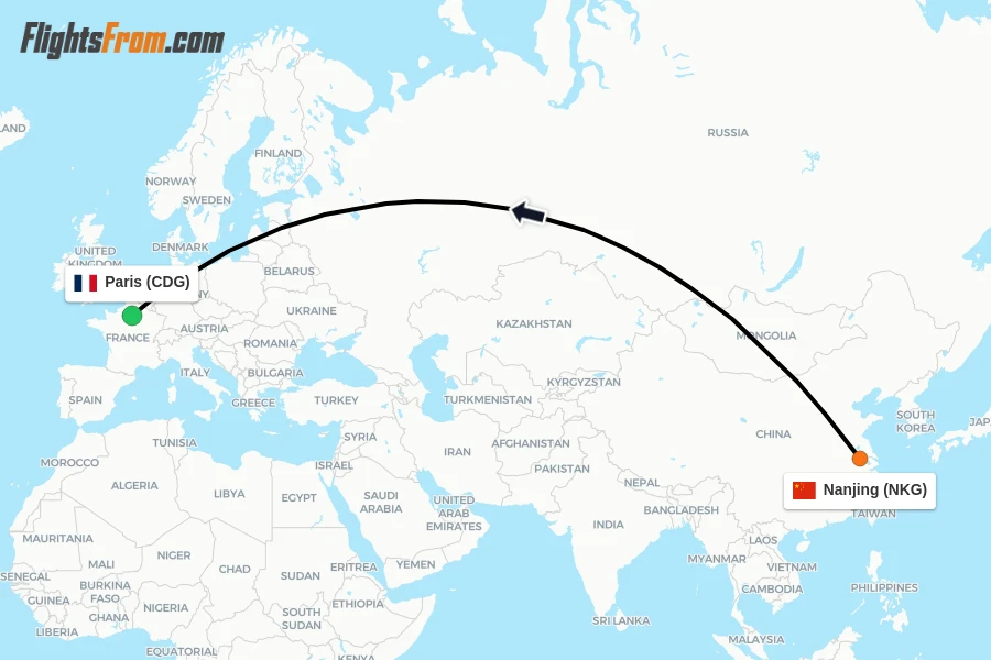 Flights from Nanjing to Paris route map