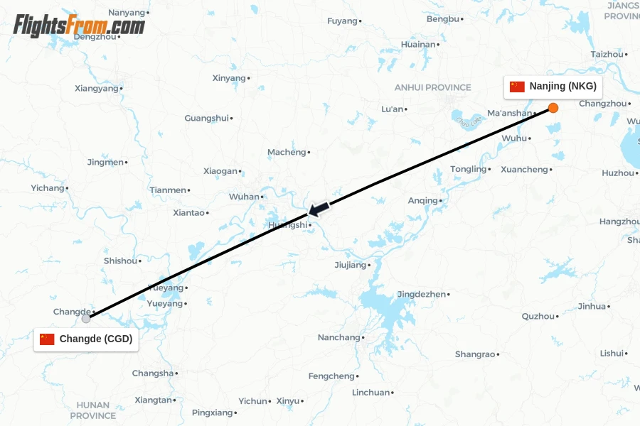 Flights from Nanjing to Changde route map