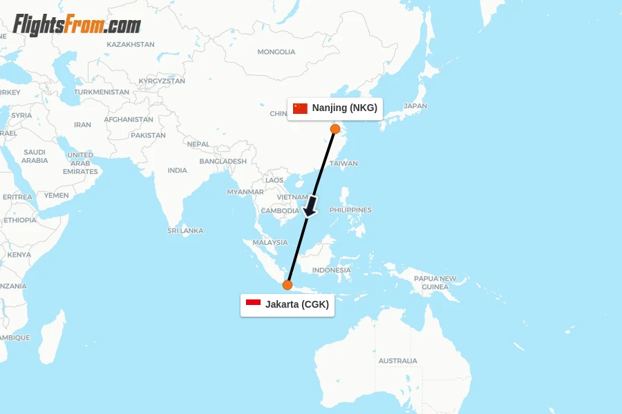 Flights from Nanjing to Jakarta route map