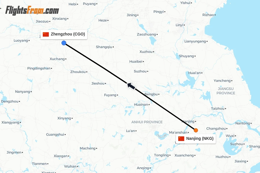 Flights from Nanjing to Zhengzhou route map