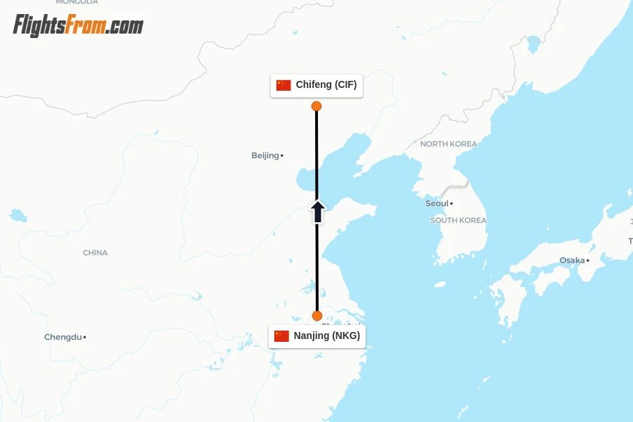 Flights from Nanjing to Chifeng route map