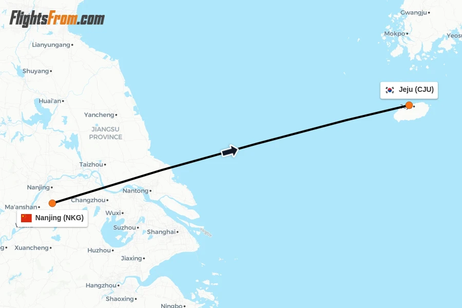 Flights from Nanjing to Jeju route map