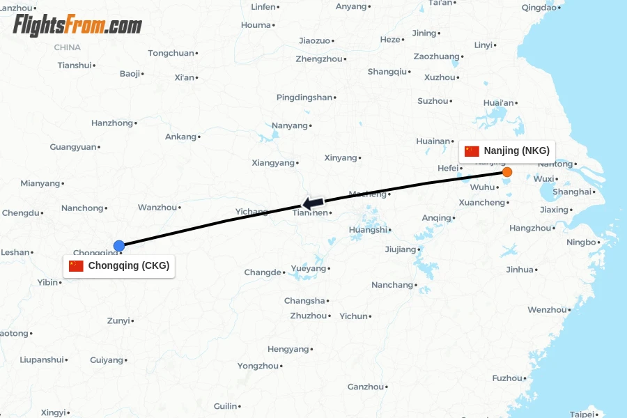 Flights from Nanjing to Chongqing route map