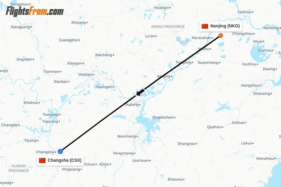 Flights from Nanjing to Changsha route map