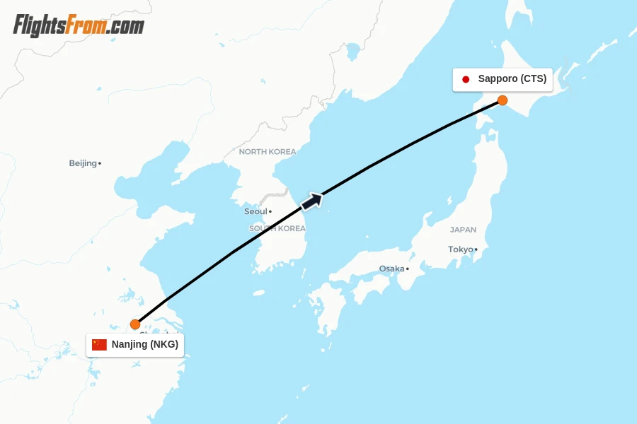 Flights from Nanjing to Sapporo route map