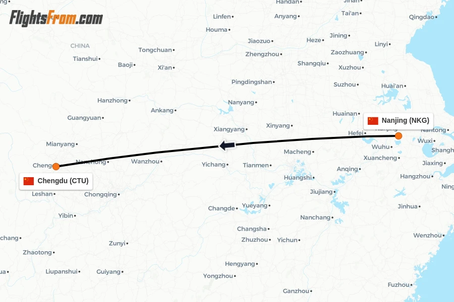 Flights from Nanjing to Chengdu route map
