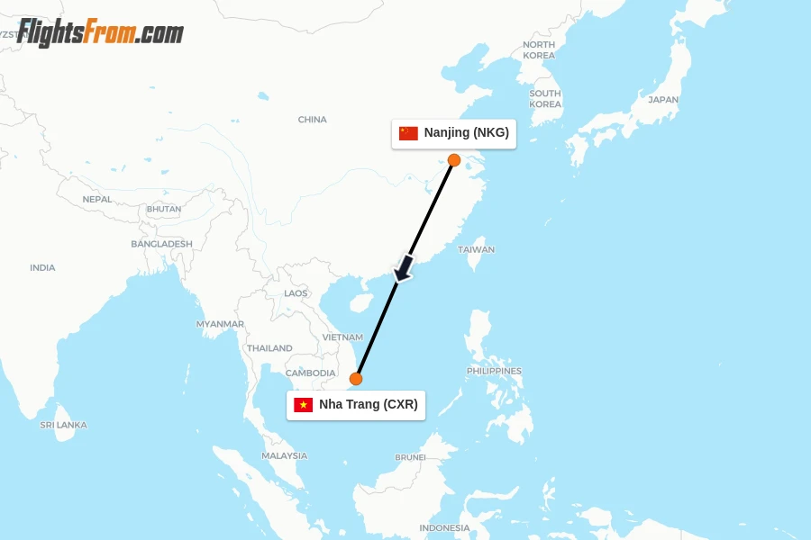 Flights from Nanjing to Nha Trang route map