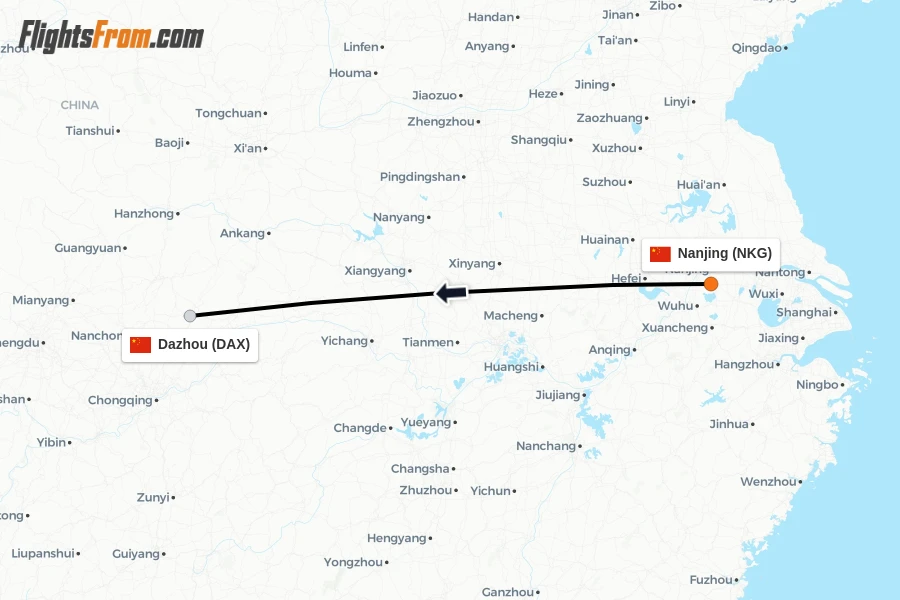 Flights from Nanjing to Dazhou route map