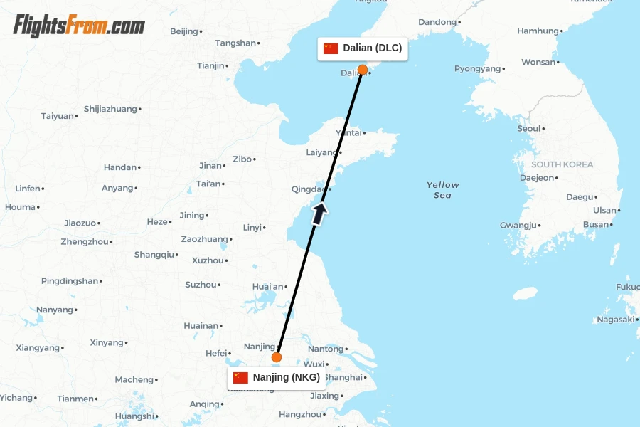 Flights from Nanjing to Dalian route map