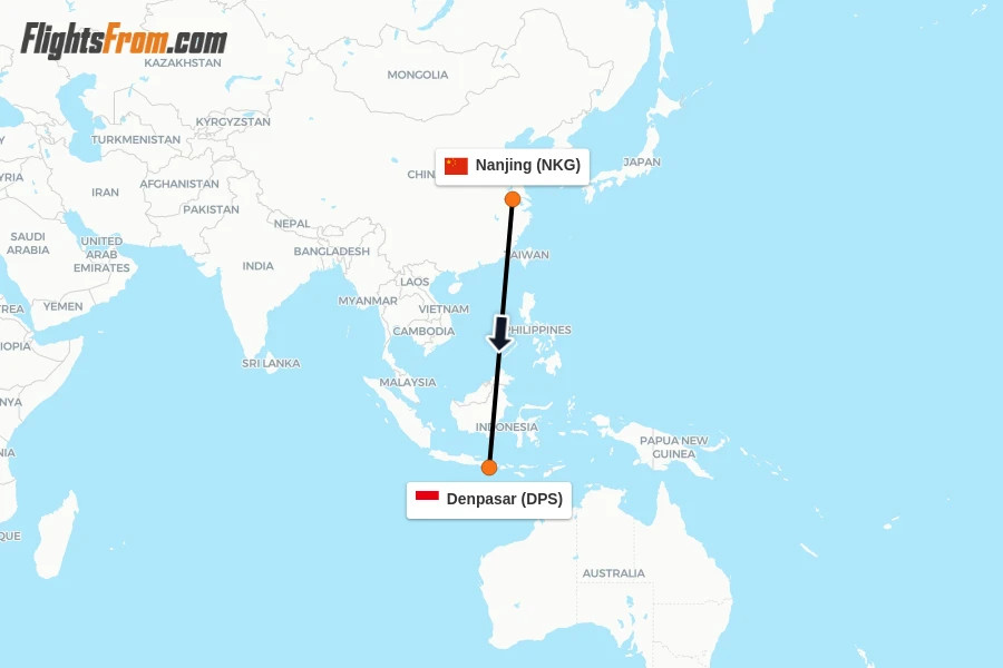 Flights from Nanjing to Denpasar route map