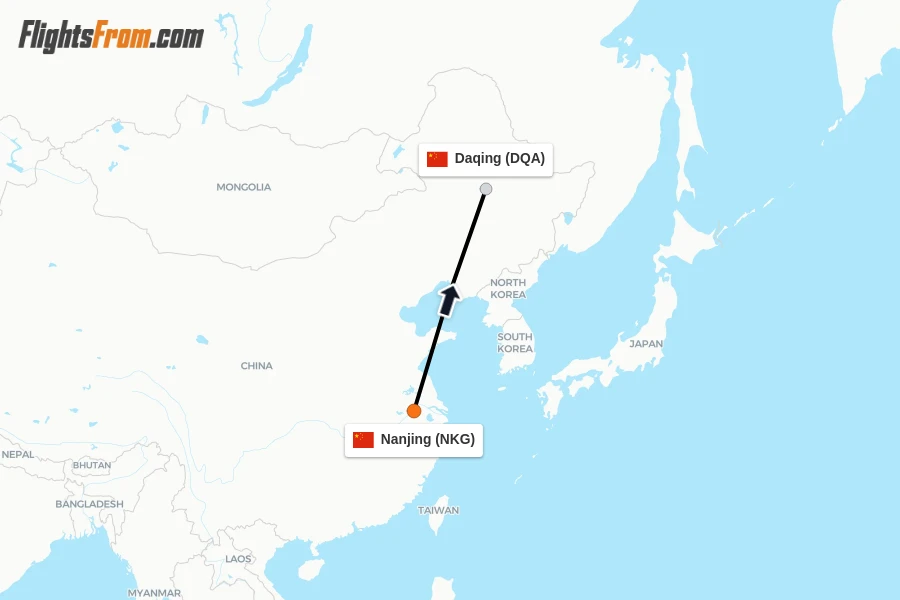 Flights from Nanjing to Daqing route map