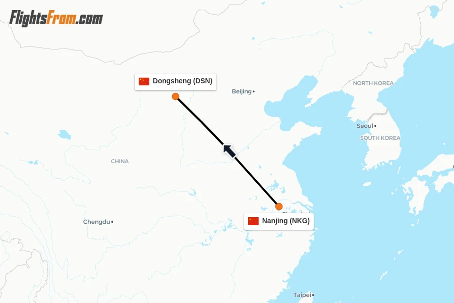 Flights from Nanjing to Dongsheng route map