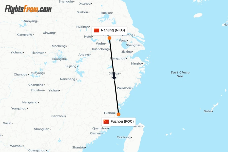 Flights from Nanjing to Fuzhou route map