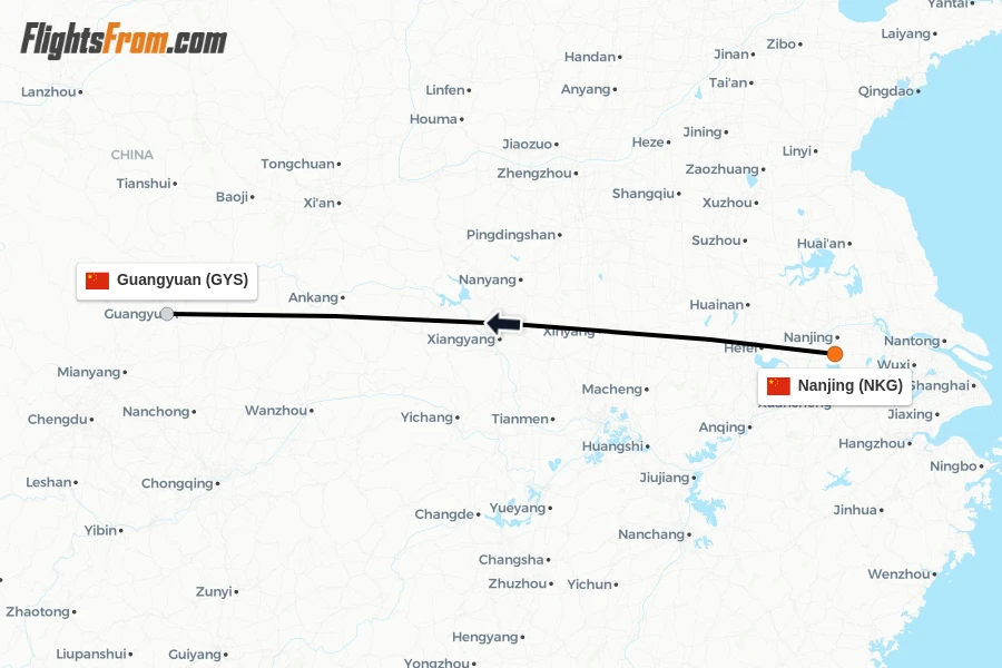 Flights from Nanjing to Guangyuan route map