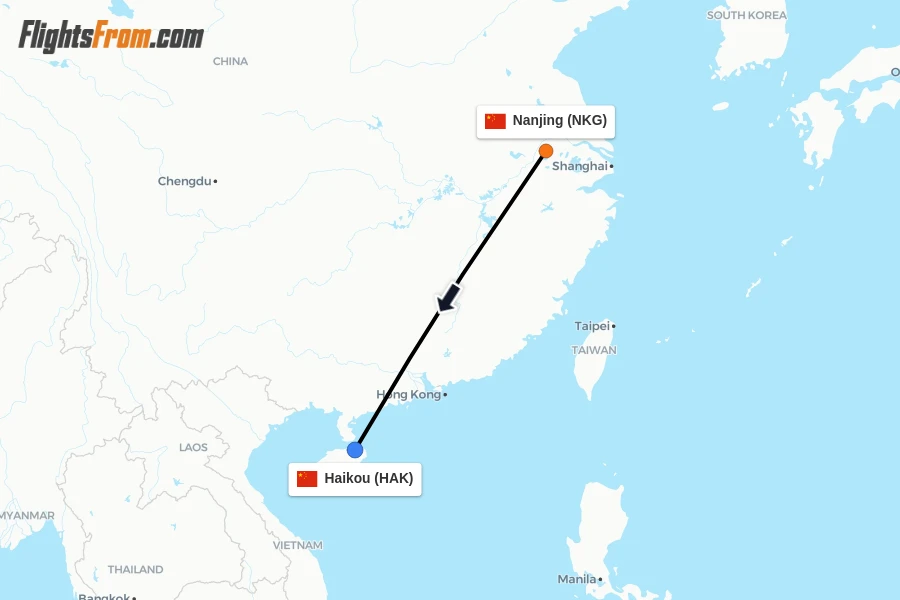 Flights from Nanjing to Haikou route map