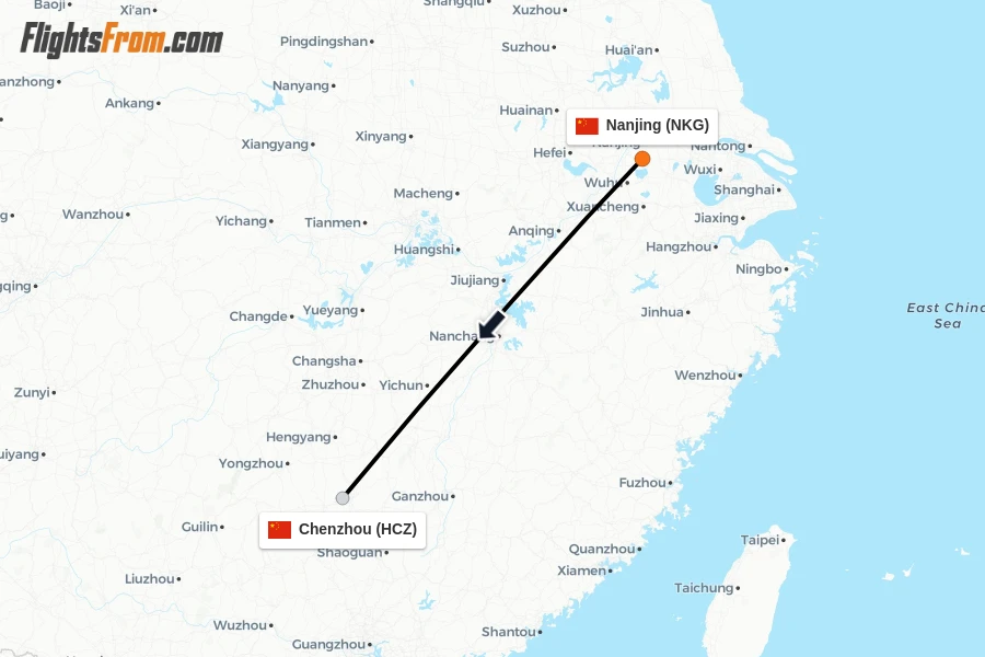 Flights from Nanjing to Chenzhou route map