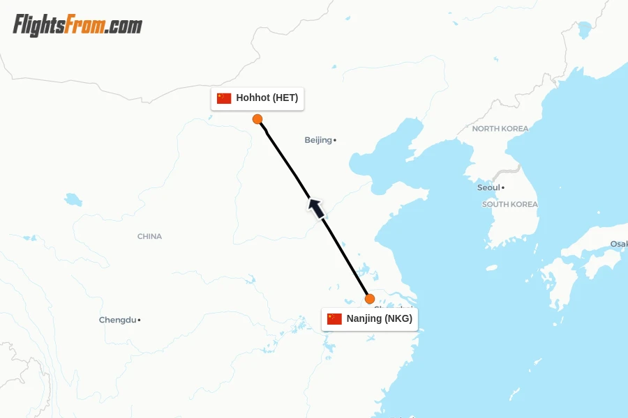 Flights from Nanjing to Hohhot route map