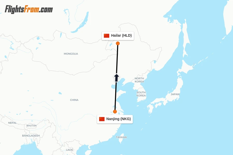 Flights from Nanjing to Hailar route map
