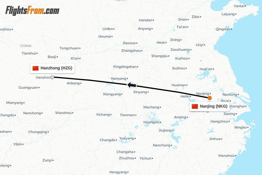 Flights from Nanjing to Hanzhong route map