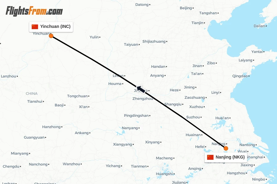 Flights from Nanjing to Yinchuan route map