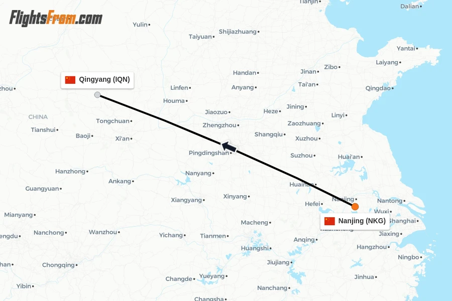 Flights from Nanjing to Qingyang route map