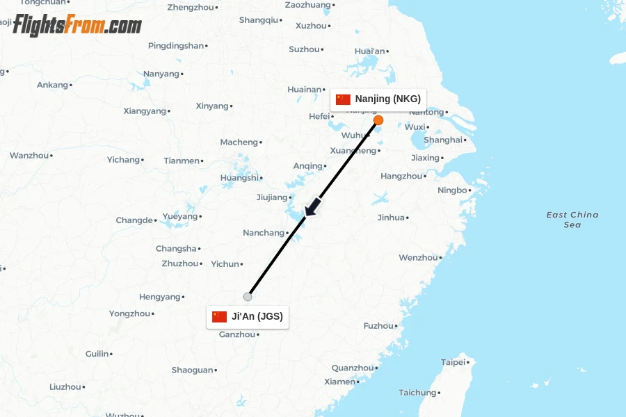 Flights from Nanjing to Ji'An route map