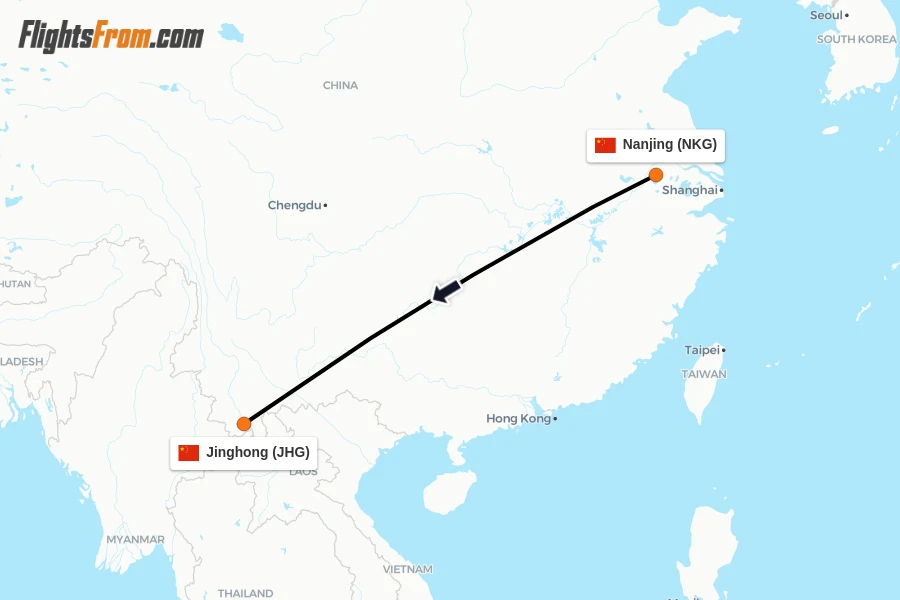 Flights from Nanjing to Jinghong route map