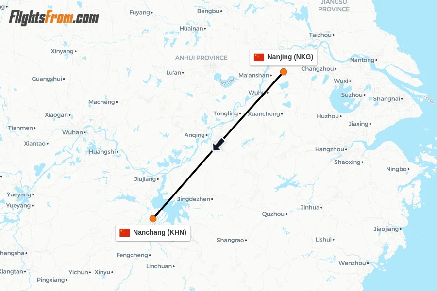 Flights from Nanjing to Nanchang route map