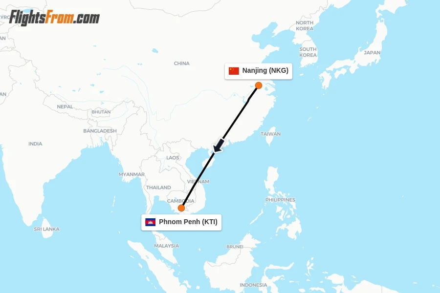 Flights from Nanjing to Phnom Penh route map