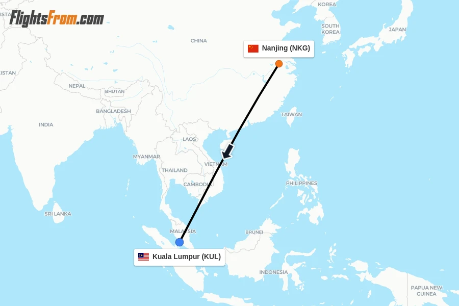 Flights from Nanjing to Kuala Lumpur route map