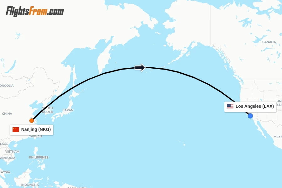Flights from Nanjing to Los Angeles route map