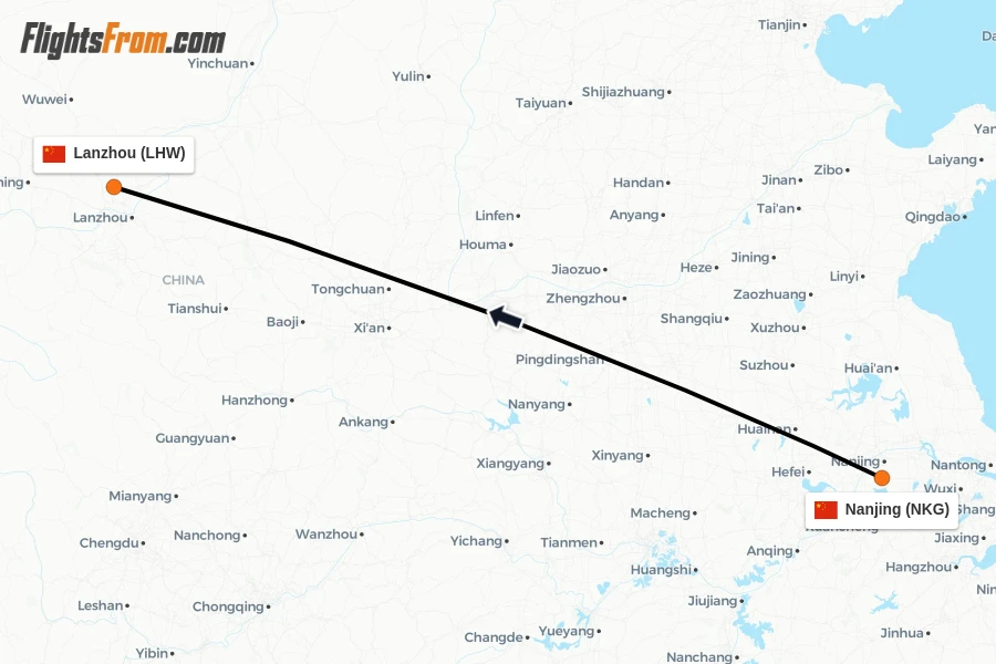 Flights from Nanjing to Lanzhou route map