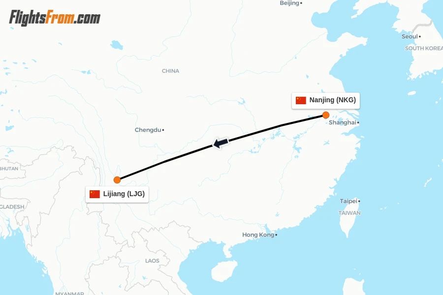 Flights from Nanjing to Lijiang route map